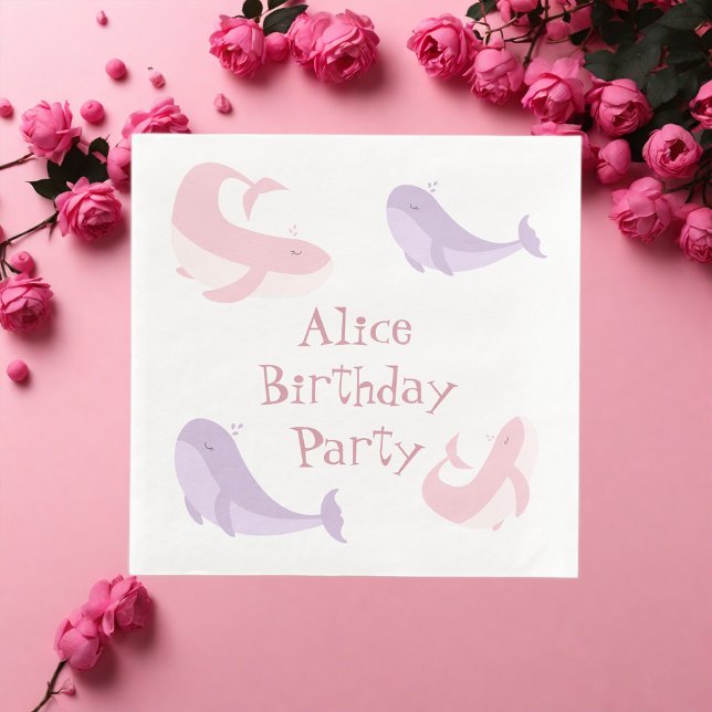  Whale Pink Lilac Pastel Ocean Fish Birthday Party Napkin (Creator Uploaded)
