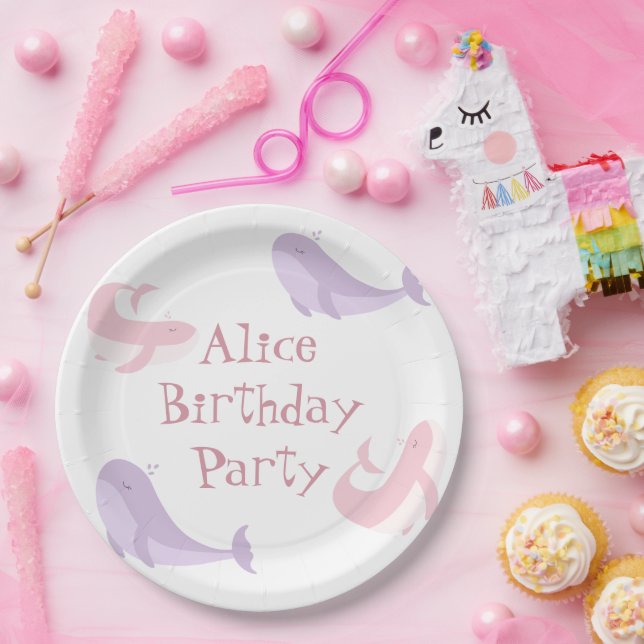  Whale Pink Lilac Pastel Ocean Fish Birthday Party Paper Plate (Party)