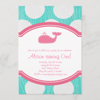 Whale Polka Dot Pool Party Aqua and pink modern Invitation