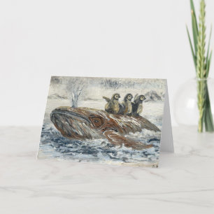 Whale Riders Whimsical Whale and Penguin Ocean Card