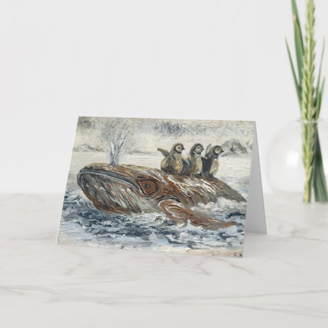 Whale Riders Whimsical Whale and Penguin Ocean Card (Front)