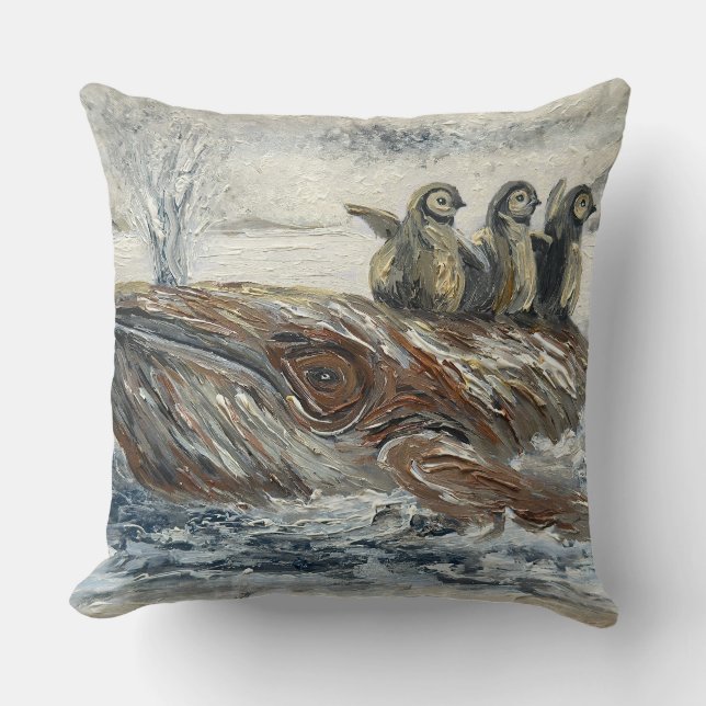 Whale Riders Whimsical Whale and Penguin Ocean Cushion (Front)