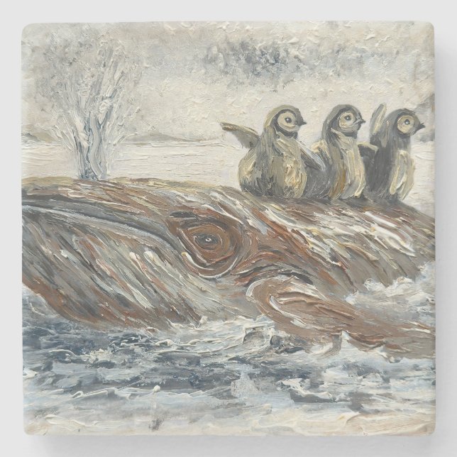 Whale Riders Whimsical Whale and Penguin Ocean Stone Coaster (Front)