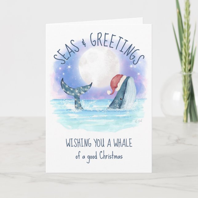 Whale Santa Sea Moon & Stars Nautical Christmas Holiday Card (Front)