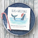 Whale Santa Sea Nautical Watercolor Christmas Napkin<br><div class="desc">Nautical humour Christmas napkins feature a watercolor whale wearing a Santa hat swimming in the sea with string lights decorating its tail. The "Seas & Greetings" and "Wishing you a whale of a good Christmas" greetings, along with the name can be personalised. Perfect for coastal, nautical, beach and tropical themed...</div>