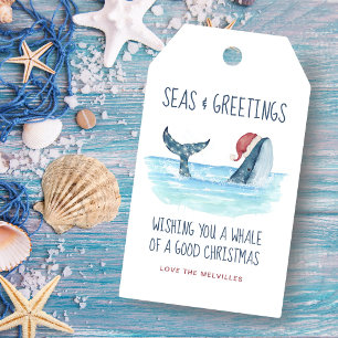 Whale Santa Sea Watercolor Nautical Christmas Gift Tags