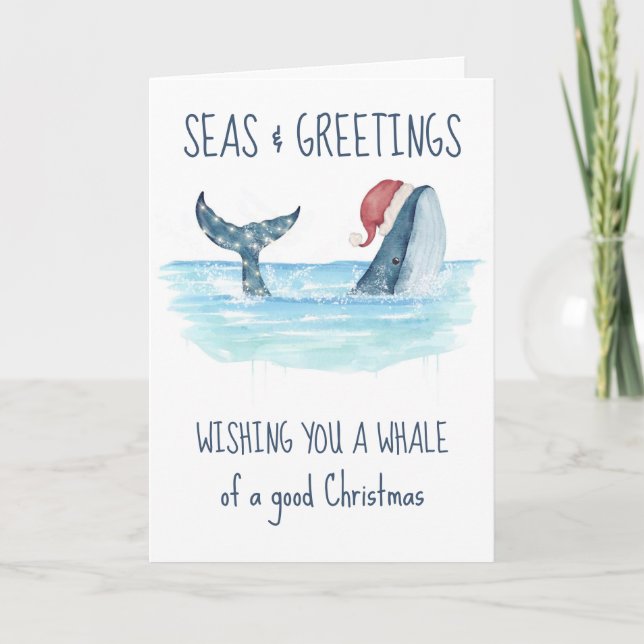 Whale Santa Seas & Greetings Nautical Christmas  Holiday Card (Front)