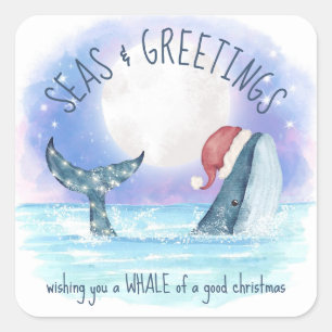 Whale Santa Seas & Greetings Nautical Christmas Square Sticker