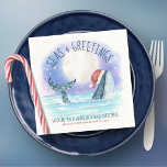 Whale Santa Seas Nautical Christmas  Napkin<br><div class="desc">Nautical humour Christmas napkins feature a watercolor whale wearing a Santa hat swimming in the sea under a magical moon and stars with string lights decorating its tail. The "Seas & Greetings" and "Wishing you a whale of a good Christmas" greetings, along with the name can be personalised. Perfect for...</div>