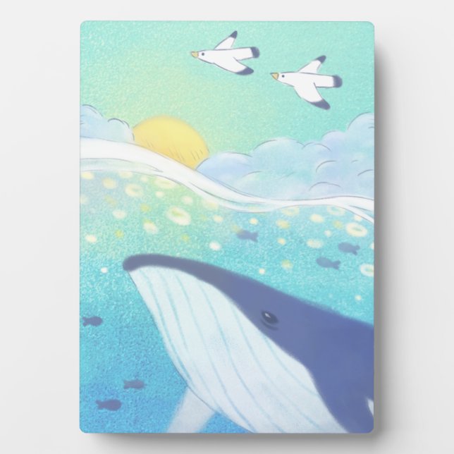Whale, Seagulls & Summer Ocean Illustration Plaque (Front)