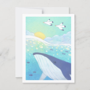 Whale, Seagulls & Summer Ocean Illustration Postcard