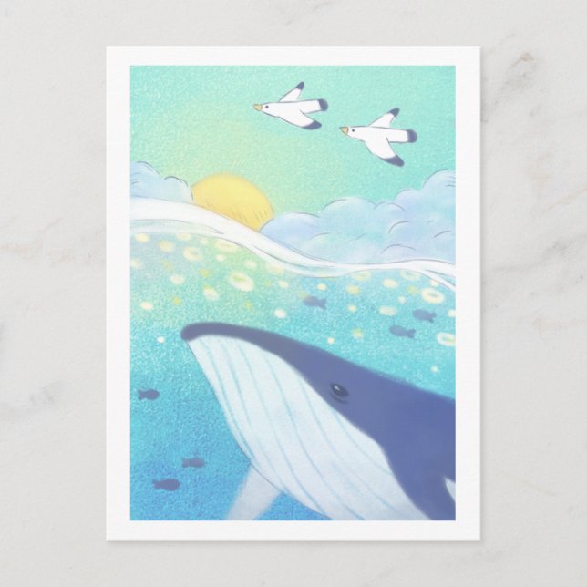 Whale, Seagulls & Summer Ocean Illustration Postcard (Front)