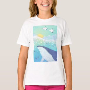 Whale, Seagulls & Summer Ocean Illustration T-Shirt