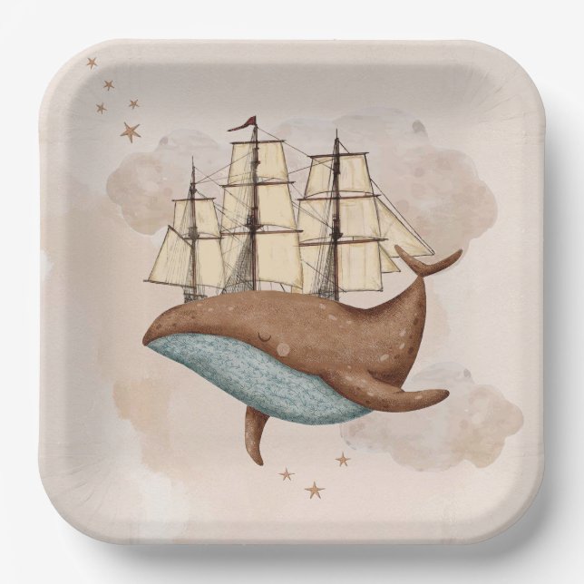 Whale Ship Pastel Gender-Neutral Birthday Paper Plate (Front)