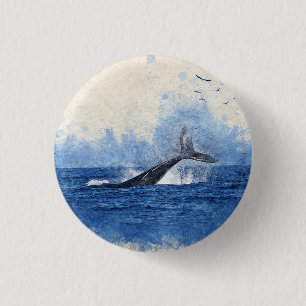 Whale Splash in Sea Birds in Distance Art Decor 3 Cm Round Badge