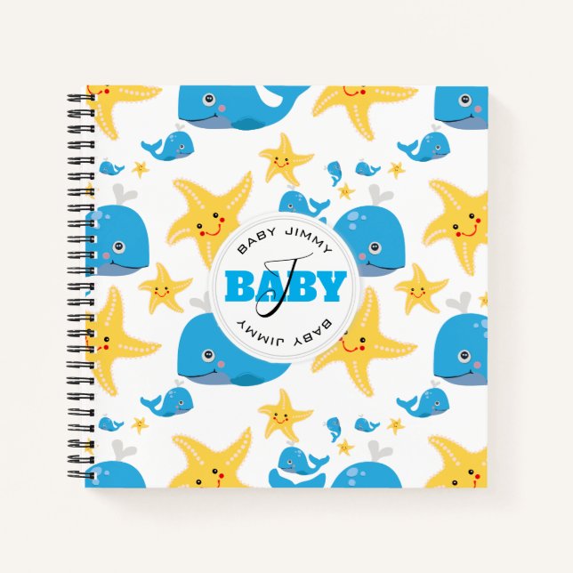 Whale & Starfish Cartoon Baby Monogram Pattern Notebook (Front)