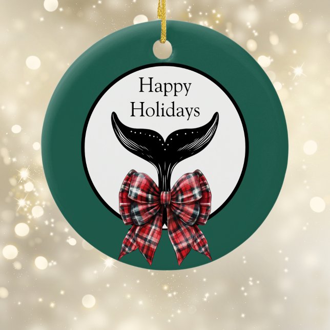 Whale Tail and Plaid Bow Black White Christmas Ceramic Tree Decoration (Creator Uploaded)
