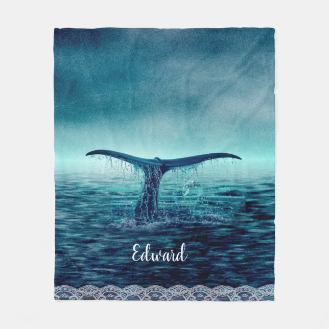 Whale Tail over Ocean Custom Fleece Blanket (Front)