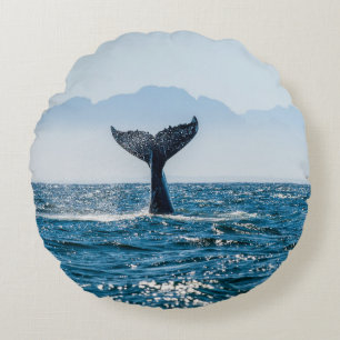 Whale Tail Seascape: Dramatic Water. Round Cushion