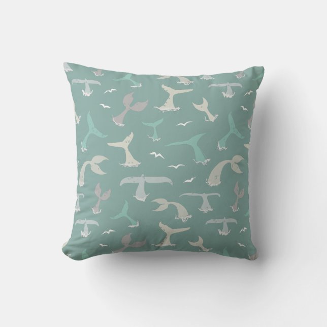 Whale Tails Ocean Blue Grey Coastal Patterned Cushion (Front)