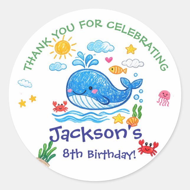 Whale Theme Summer Kids Birthday Thank you  Classic Round Sticker (Front)