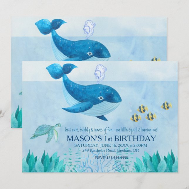 Whale Themed First Birthday Invitation (Front/Back)