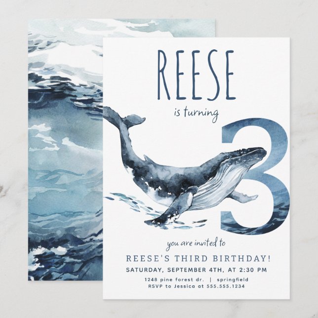 Whale Third Birthday Invitation (Front/Back)