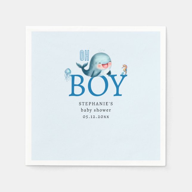 Whale Under Sea Watercolor Boy Baby Shower Blue Napkin (Front)