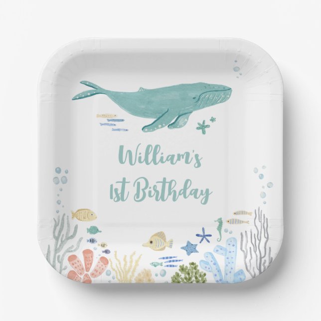 Whale Under The Sea 1st Birthday Paper Plate (Front)