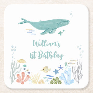 Whale Under The Sea 1st Birthday Square Paper Coaster