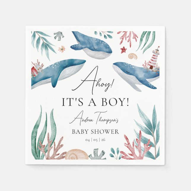 Whale Under the Sea Ahoy It's a Boy Baby Shower Napkin (Front)