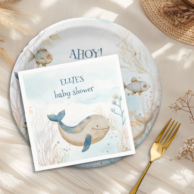 Whale Under the Sea Boy Baby Shower Napkin (Cocktail napkins from the Whale Baby Shower Collection by Darling & May)