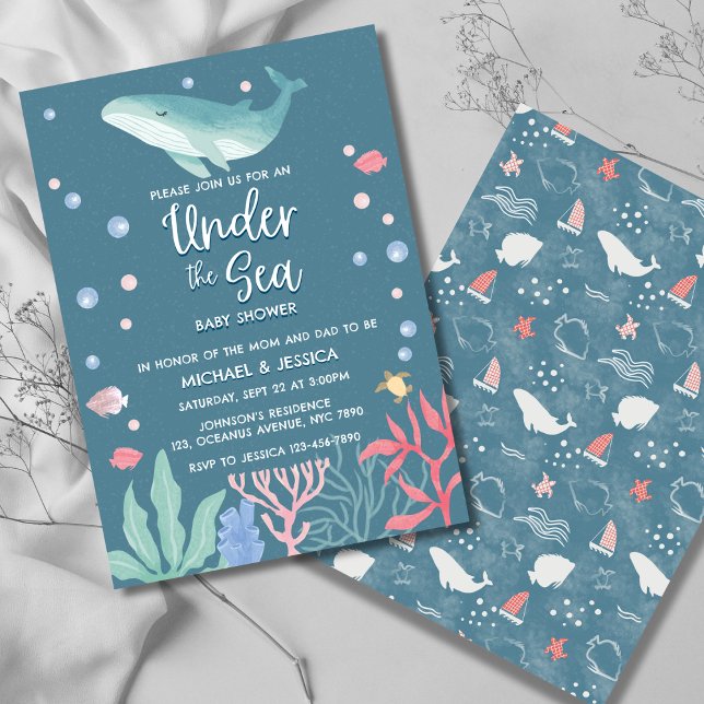 Whale Under the Sea Ocean Baby Shower Mum Dad Invitation (Creator Uploaded)