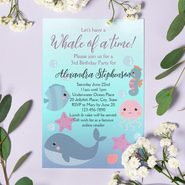 Whale Under the Sea Ocean Beach Girls Birthday Invitation (under the sea whale girls birthday party invitation
)