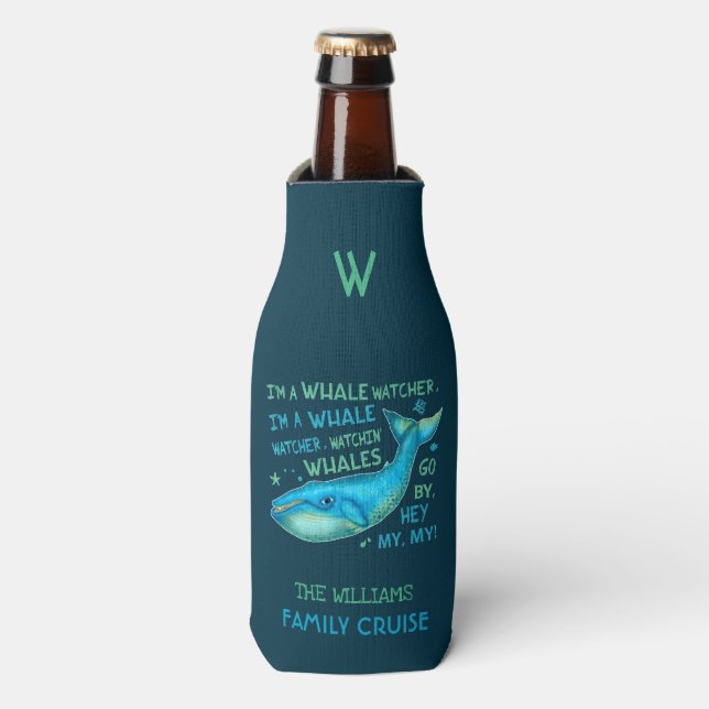 Whale Watching Family Vacation Cruise Personalised Bottle Cooler (Bottle Front)