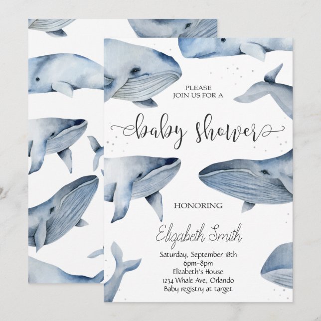 Whale Watercolor Baby Shower Invite (Front/Back)