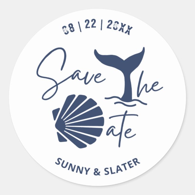Whale Wave Seashell Beach Typography Save The Date Classic Round Sticker (Front)