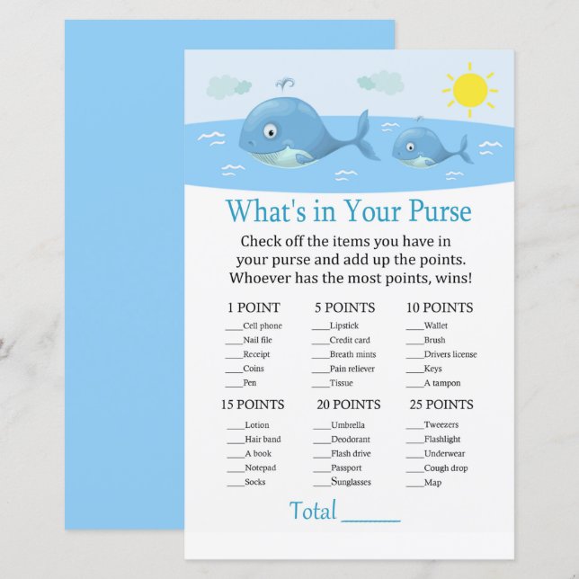 Whale What's in your purse game baby shower (Front/Back)