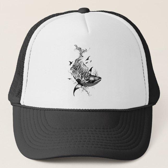 Whale Wild Animal Nature Illustration Art Tattoo Trucker Hat (Front)