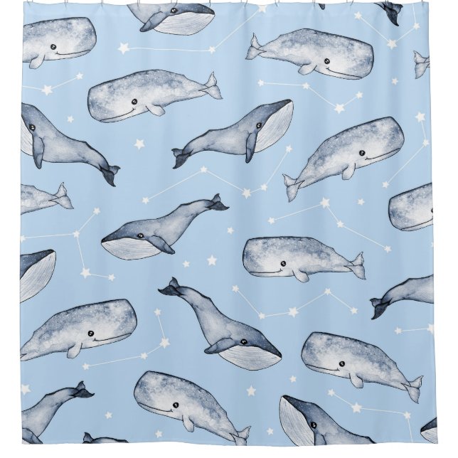 Whale Wonders: Watercolor Starry Sky Shower Curtain (Front)