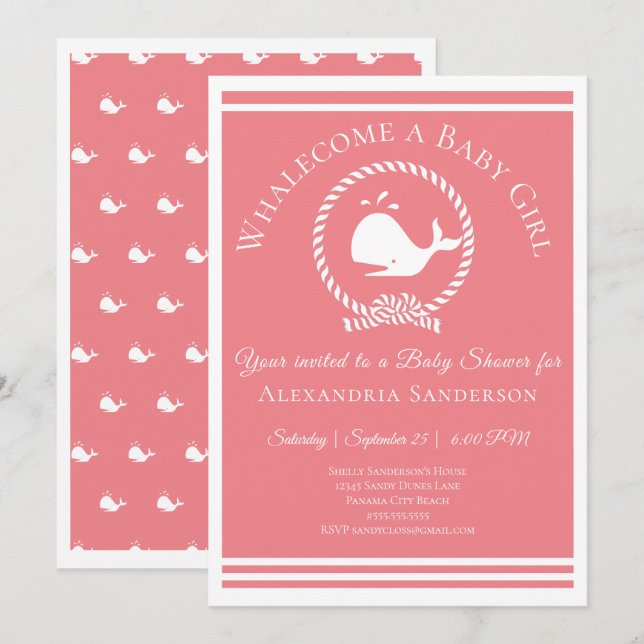 Whalecome a Baby girl Nautical Shower Invitation (Front/Back)