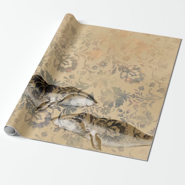 Whales and Abstract Floral Wrapping Paper (Unrolled)