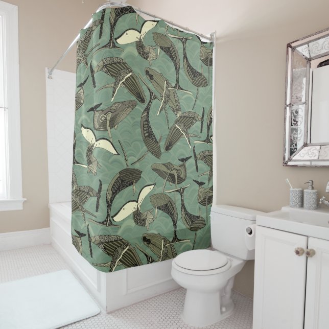 whales and waves aqua shower curtain (In Situ)