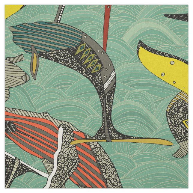 whales and waves jade fabric (Swatch)