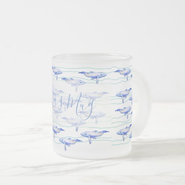 Whales Big Fish Watercolor Art Frosted Glass Coffee Mug (Front Right)