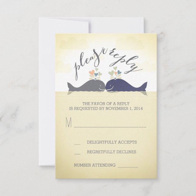 whales cute beach wedding RSVP card (Front)