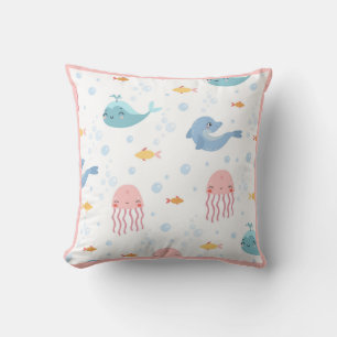 Whales Dolphins Jellyfish Pink Ocean Sea Fish Cushion