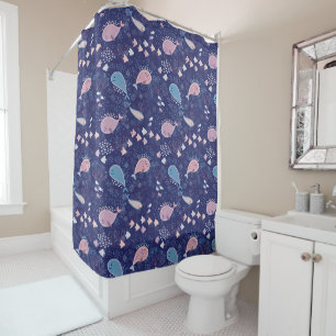 Whales fish coral blue ocean pattern shower curtain