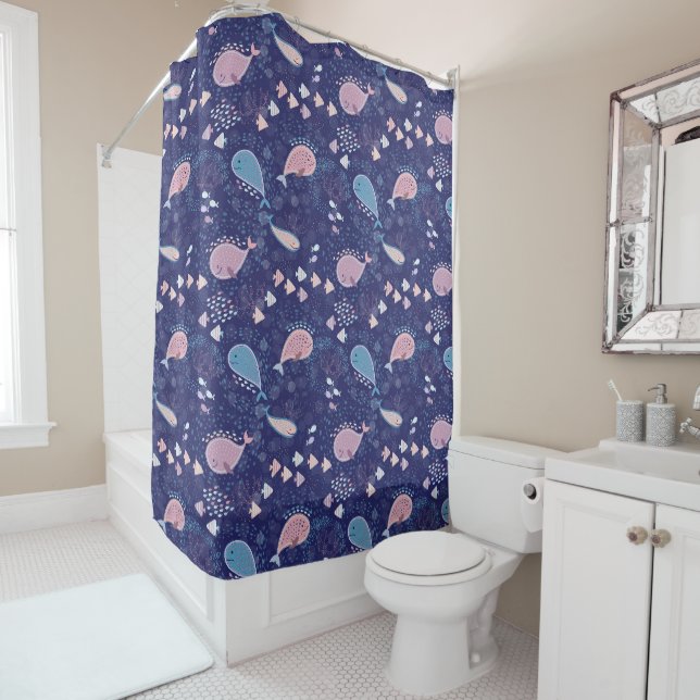 Whales fish coral blue ocean pattern shower curtain (In Situ)
