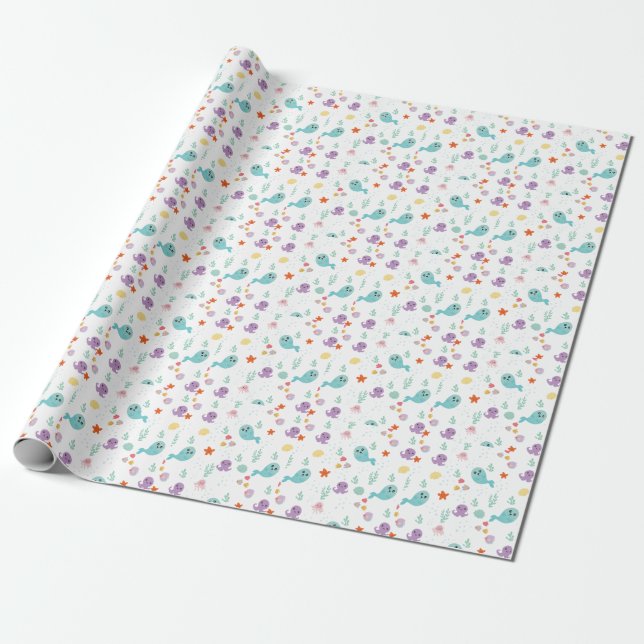 Whales Fish Sea Animals Purple Pink Turquoise Wrapping Paper (Unrolled)